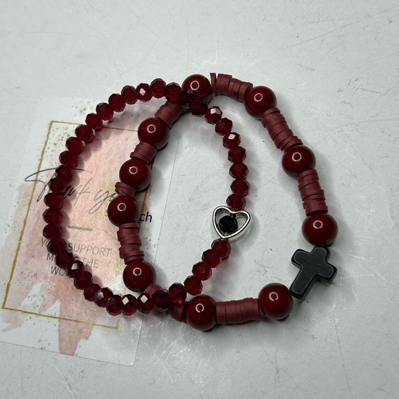Red Beaded Bracelet Set with Heart Charm - Picture 3 of 3